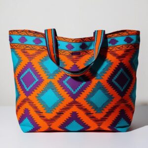 A colorful Ankara fabric tote bag with geometric patterns, isolated on a bright white background, clean product view with no shadows”