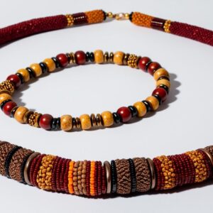 A handcrafted African beaded necklace floating on a pure white background, no shadows, isolated, high-resolution for e-commerce display”
