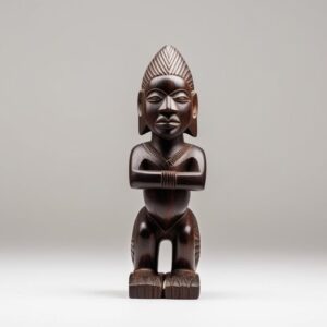 African-style hand-carved wooden figurine centered on pure white background, no shadows, e-commerce ready