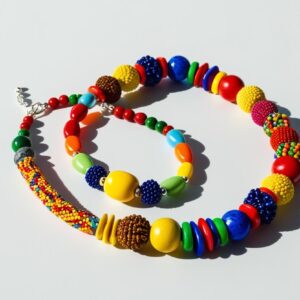 Colorful child-sized beaded bracelet and necklace set, laid flat on white background, no shadows, fun and culturally rich” (1)