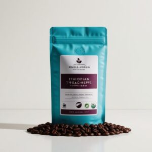 Eco-friendly resealable bag of single-origin African coffee beans with label visible, placed upright on white background, no shadows, ideal for specialty coffee shop
