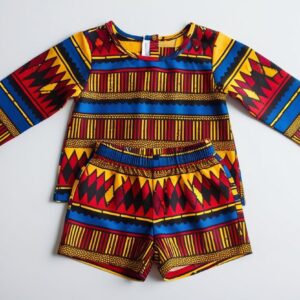 Folded African print kids outfit (top and shorts or dress), colorful patterns, centered on bright white background, no shadows, children’s fashion e-commerce ready