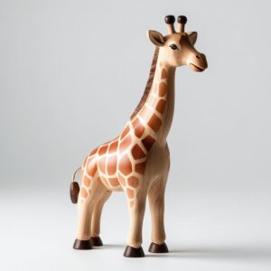 “Hand-carved wooden toy animal (giraffe or elephant), natural finish, isolated on clean white background, high clarity, no shadows”