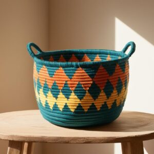 “Handwoven basket with colorful patterns placed on a rustic wooden table, sunlight casting soft shadow, minimalistic background, ideal for online store catalog” (1)
