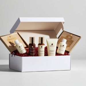 Open gift box with African skincare products inside, centered on white background, shadowless, luxury packaging style