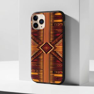 Phone case with bold African tribal design, front-facing, on bright white background, no shadow, ideal for mobile accessory store”
