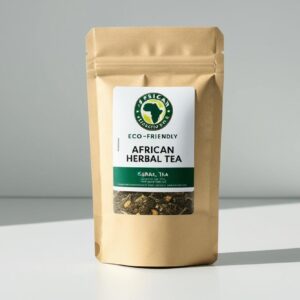 Resealable eco-pouch of African herbal tea with label facing front, placed on white background, no shadows, product catalog ready”_