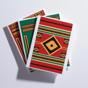 “Set of 3 African-themed greeting cards stacked slightly offset, on pure white background, no shadows