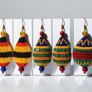 Set of African beaded drop earrings displayed side by side on white background, no shadows, crisp and clear presentation”