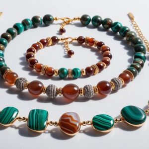 Set of handcrafted African gemstone jewelry including necklace and bracelet with natural stones (e.g., agate, quartz, malachite), displayed on pure white background, no shadows, isolated for e-commerce catalo