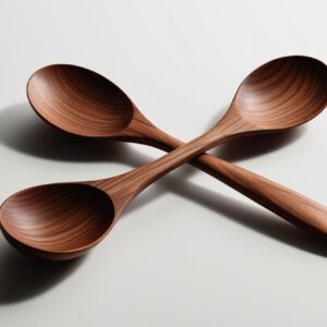 Set of two handcrafted wooden salad spoons, laid flat on white background, high clarity, no shadows, isolated for product catalog”