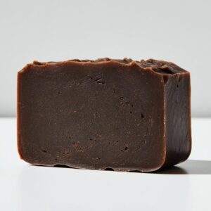 Single bar of African black soap with natural texture, placed on white background, isolated, no shadow, minimal packaging”