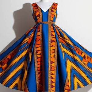 Vibrant African Ankara print dress on invisible mannequin, centered on white background, no shadows, e-commerce fashion style”